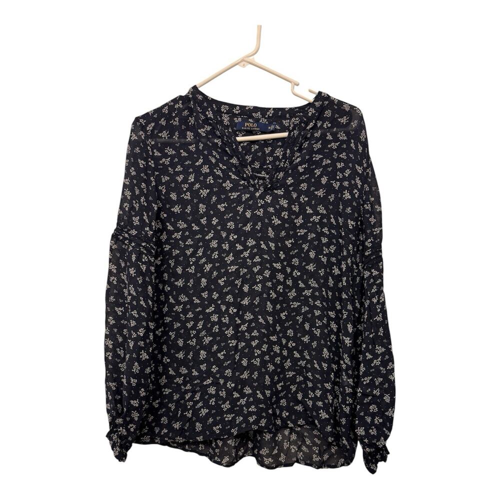 Polo Ralph Lauren long-sleeve blouse Navy with floral print. Women’s M Sheer
